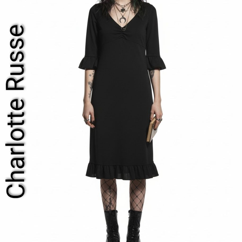 Vintage 90s Y2K Charlotte Russe Black Witchy Babydoll Dress ruffle Bell sleeves